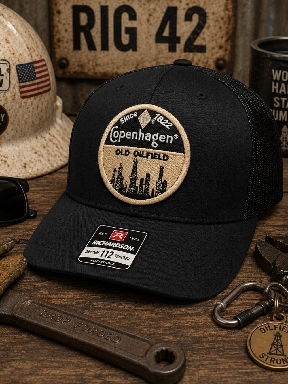 Richardson 112 Copenhagen Oil Embroidered Patch Mesh Snapback Trucker Hat Cap